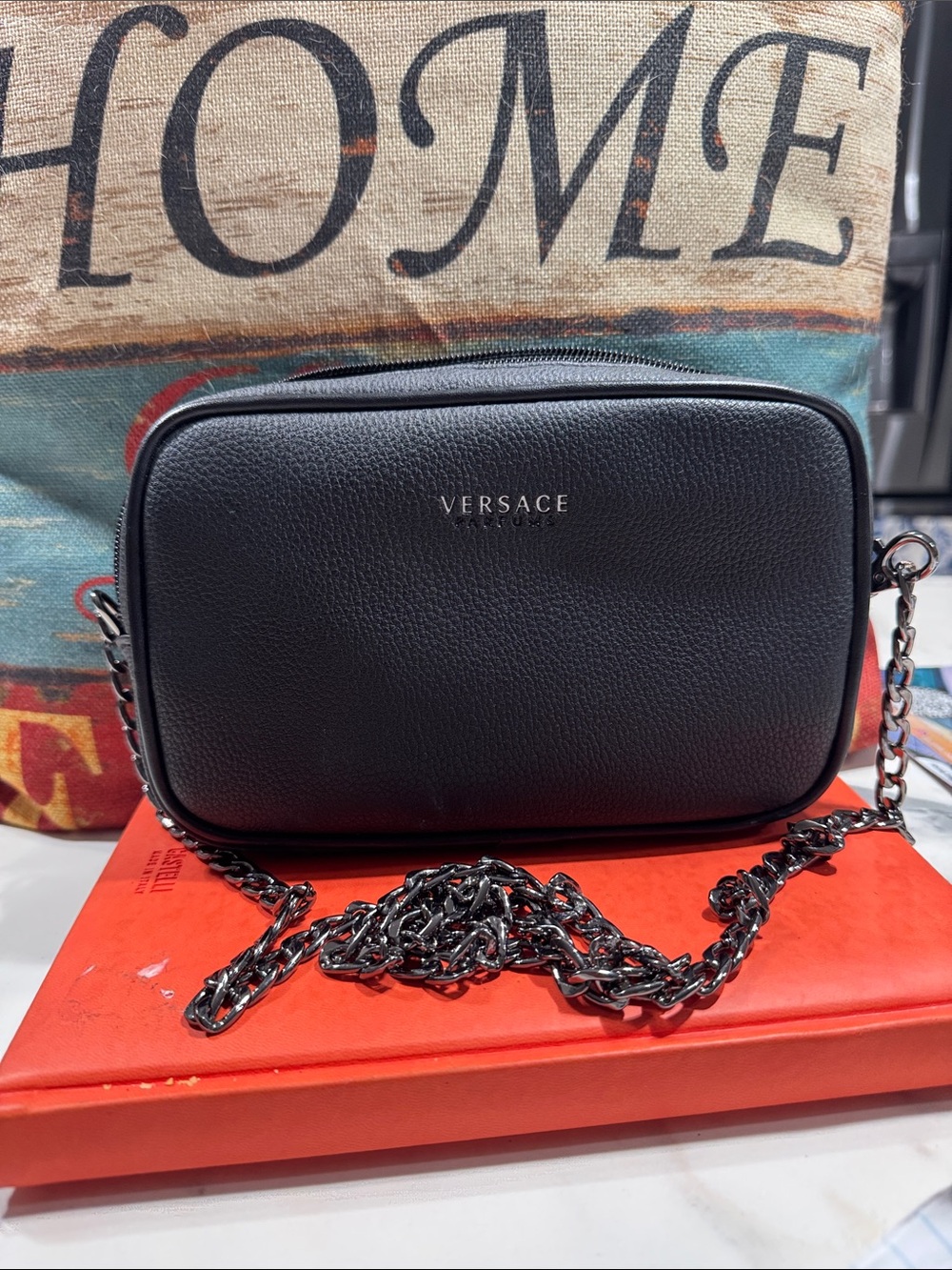 Versace Black Pebbled Leather Crossbody with Gunmetal Chain